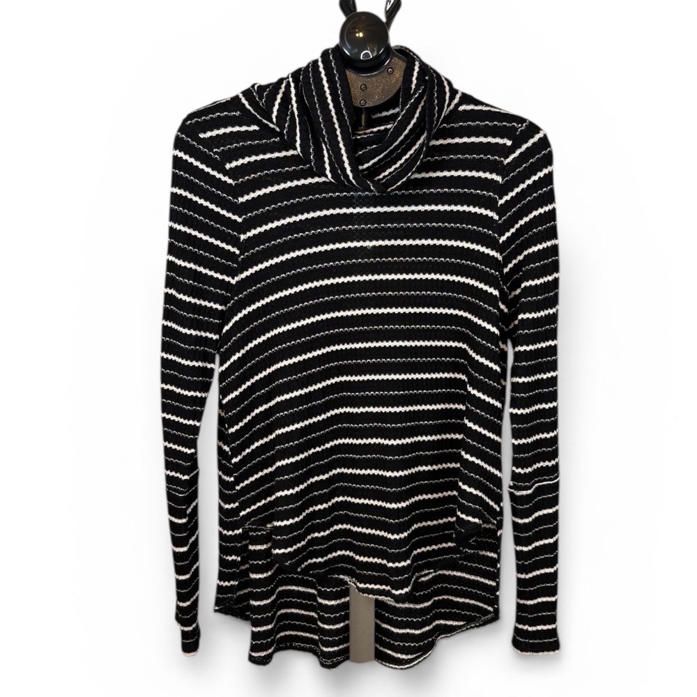 We The Free Free People Black White Striped Cowl Neck Waffle Knit Top
